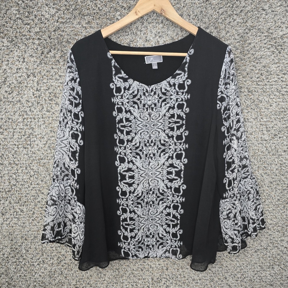 JM Collection Top Womens Large Black Scoop Neck Blouse Bell Sleeve Casual Ladies